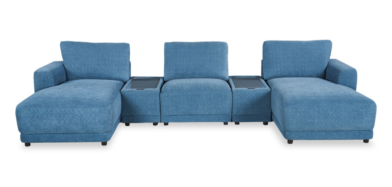 Sofa sectionnel modulaire de gauche Voyage 6 pièces en tissu avec console et pouf - bleu