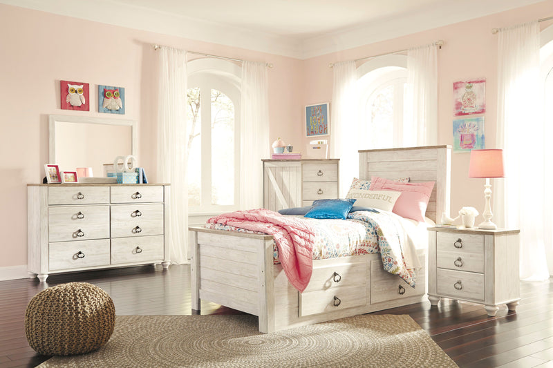 Lit plateforme de rangement Willowton pour enfants avec tête de lit et cadre de lit, blanchi - format lit simple