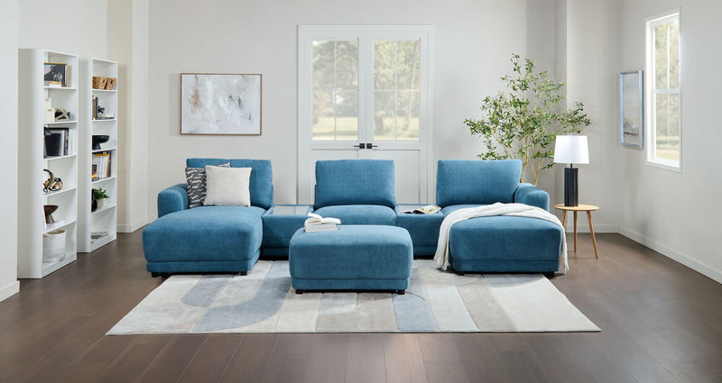 Sofa sectionnel modulaire de gauche Voyage 6 pièces en tissu avec console et pouf - bleu