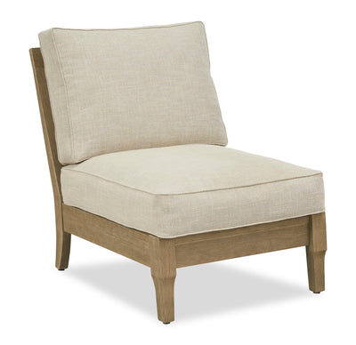 Juno Outdoor Patio Armless Chair - Eucalyptus Wood & Nuvella Fabric, Weather Resistant - Natural/Beige | Fauteuil sans accoudoirs Juno pour la terrasse à l’extérieur - eucalyptus et tissu Nuvella, résistant aux intempéries - naturel et beige