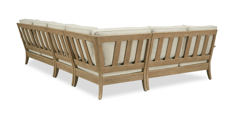 Fauteuil sans accoudoirs Juno pour la terrasse à l’extérieur - eucalyptus et tissu Nuvella, résistant aux intempéries - naturel et beige