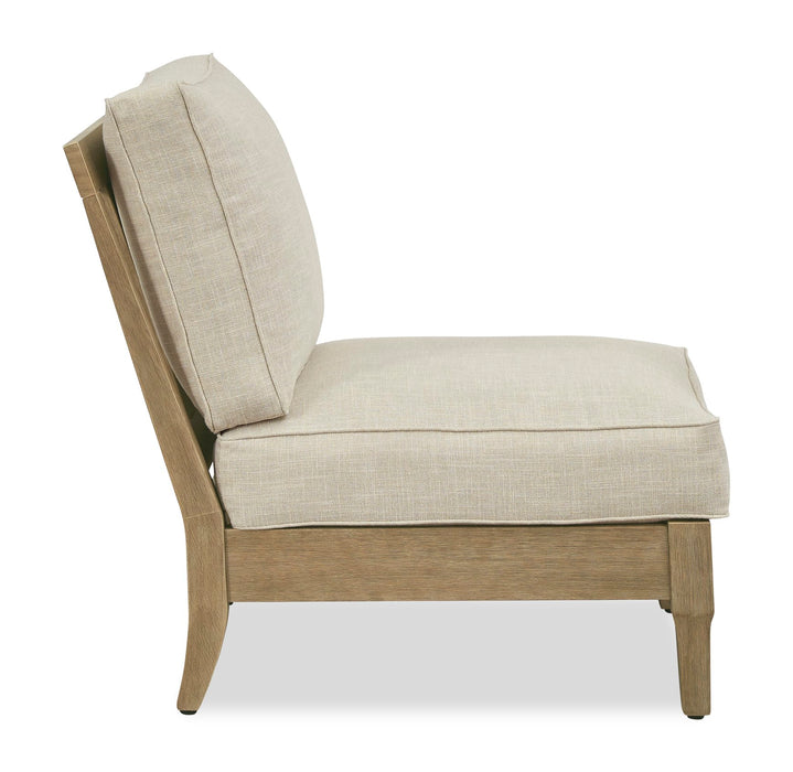 Fauteuil sans accoudoirs Juno pour la terrasse à l’extérieur - eucalyptus et tissu Nuvella, résistant aux intempéries - naturel et beige