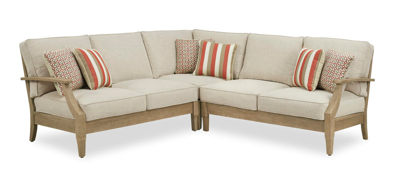 Fauteuil en coin Juno pour la terrasse à l’extérieur - eucalyptus et tissu Nuvella, résistant aux intempéries - naturel et beige