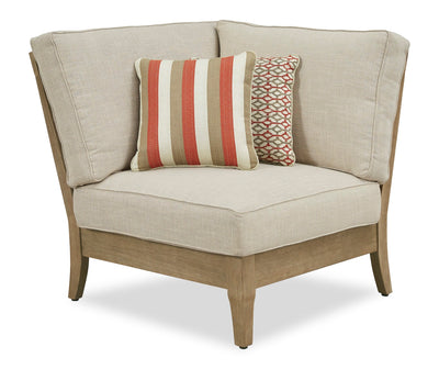 Juno Outdoor Patio Corner Chair - Eucalyptus Wood & Nuvella Fabric, Weather Resistant - Natural/Beige | Fauteuil en coin Juno pour la terrasse à l’extérieur - eucalyptus et tissu Nuvella, résistant aux intempéries - naturel et beige