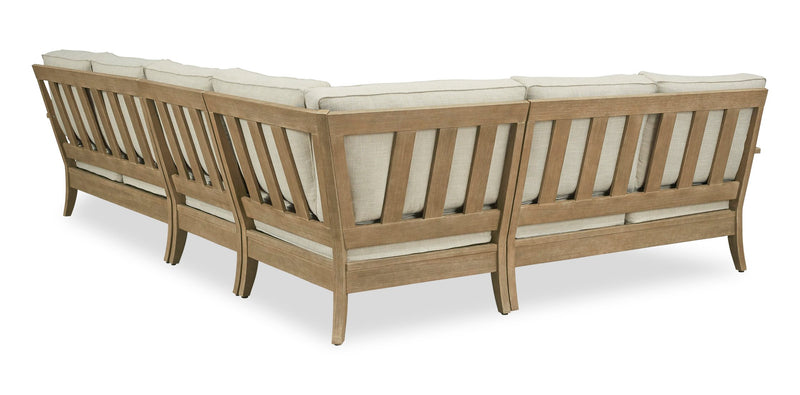 Fauteuil en coin Juno pour la terrasse à l’extérieur - eucalyptus et tissu Nuvella, résistant aux intempéries - naturel et beige