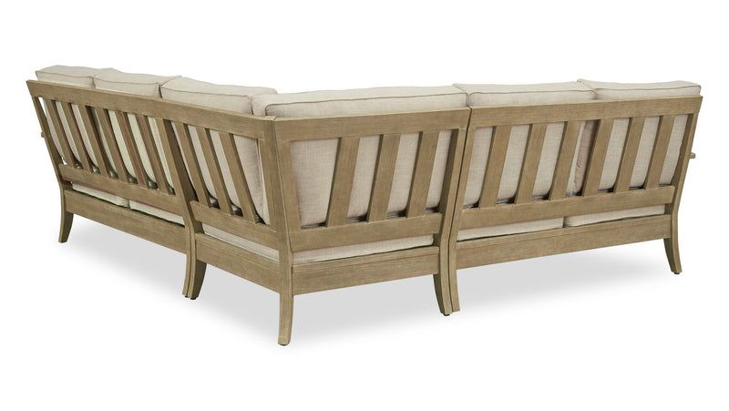 Fauteuil en coin Juno pour la terrasse à l’extérieur - eucalyptus et tissu Nuvella, résistant aux intempéries - naturel et beige