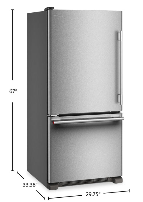Réfrigérateur KitchenAid de 19 pi³ et de 30 po de profondeur standard à congélateur inférieur - KRBL130SPS