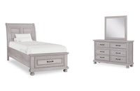 Ensemble de chambre à coucher Kylie 5 pièces sable avec lit de rangement, commode et miroir - format lit simple