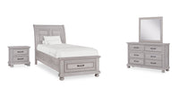  Ensemble de chambre à coucher Kylie 6 pièces sable avec lit de rangement, commode, miroir et table de nuit - format lit double