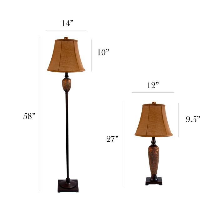Ensemble 3 pièces Elegant Designs de 2 lampes de table et de 1 lampe à pied - bronze martelé