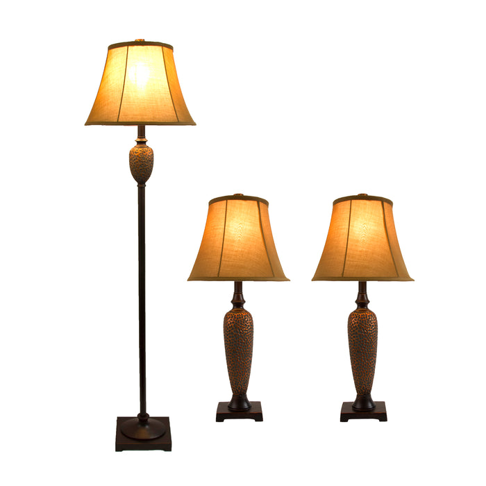 Ensemble 3 pièces Elegant Designs de 2 lampes de table et de 1 lampe à pied - bronze martelé