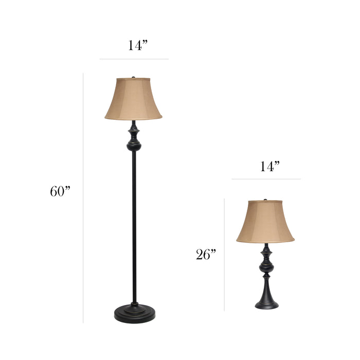 Ensemble 3 pièces Elegant Designs de 2 lampes de table et de 1 lampe à pied - bronze restauré
