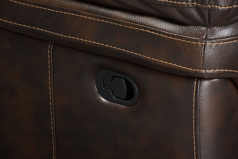 Causeuse coulissante inclinable Leo de 78 po en tissu d’apparence cuir avec console de rangement - brun noyer