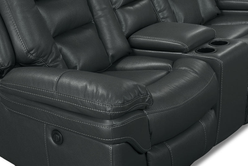 Sofa sectionnel inclinable Leo 5 pièces de style cinéma maison en tissu d’apparence cuir avec consoles de rangement et porte-gobelets - gris