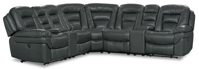 Leo 7-Piece Leather-Look Fabric Power Reclining Sectional with Storage Consoles and Cupholders - Grey | Sofa sectionnel à inclinaison électrique Leo 7 pièces en tissu d’apparence cuir avec consoles de rangement et porte-gobelets - gris