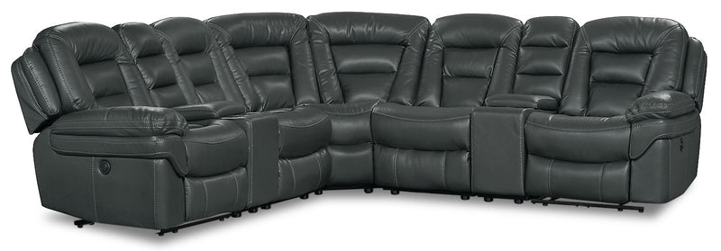 Sofa sectionnel à inclinaison électrique Leo 7 pièces en tissu d’apparence cuir avec consoles de rangement et porte-gobelets - gris