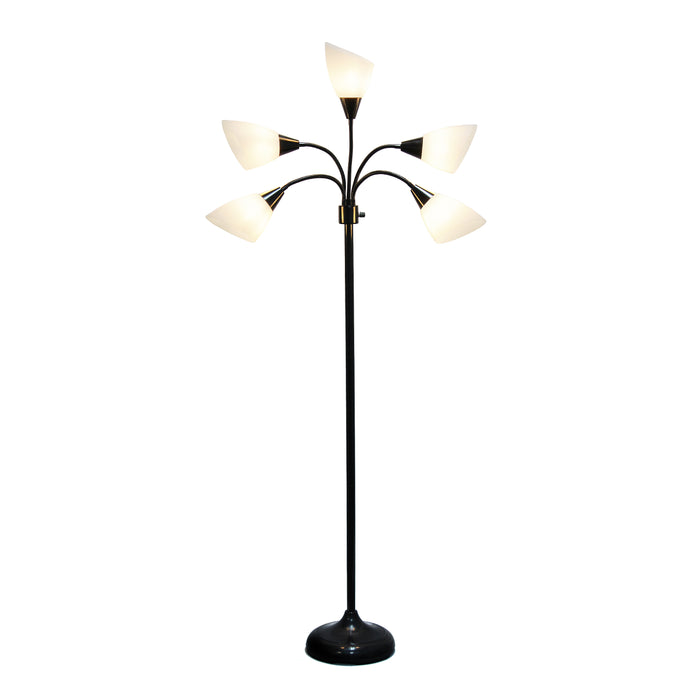 Lampe à pied contemporaine Medusa de Simple Designs de 67 po à plusieurs têtes à 5 ampoules avec col de cygne réglable - noire et blanche