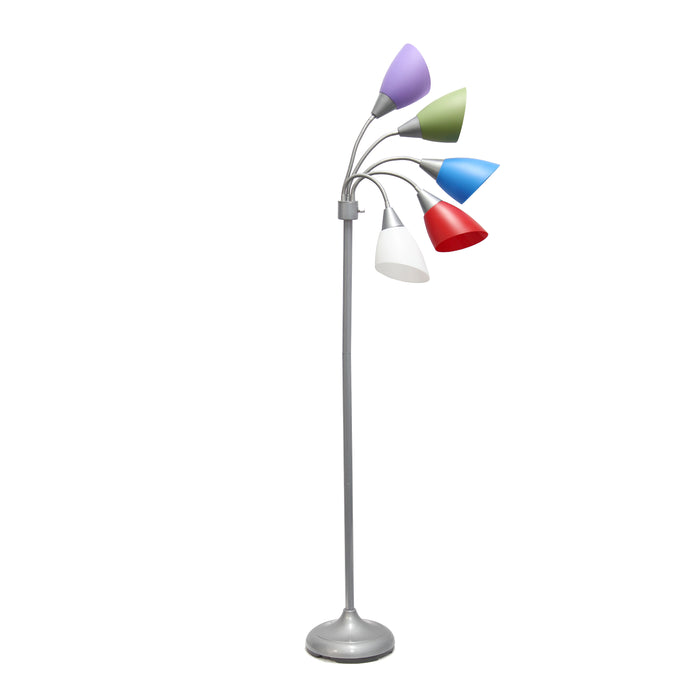 Lampe à pied contemporaine Medusa de Simple Designs de 67 po à plusieurs têtes à 5 ampoules avec col de cygne réglable et abat-jours primaires multicolores - argentée