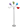 Lampe à pied contemporaine Medusa de Simple Designs de 67 po à plusieurs têtes à 5 ampoules avec col de cygne réglable et abat-jours primaires multicolores - argentée