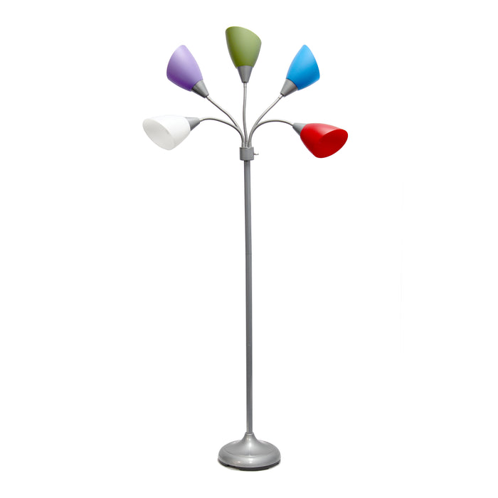 Lampe à pied contemporaine Medusa de Simple Designs de 67 po à plusieurs têtes à 5 ampoules avec col de cygne réglable et abat-jours primaires multicolores - argentée