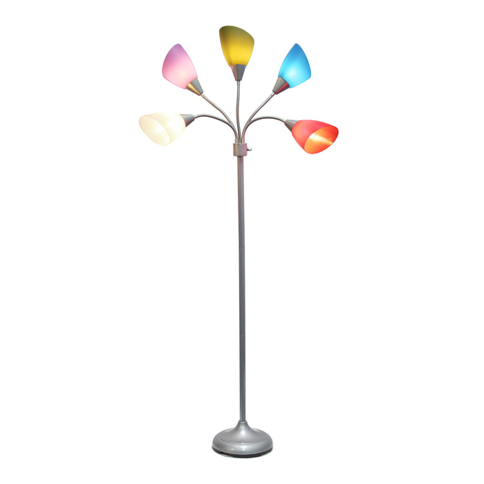 Lampe à pied contemporaine Medusa de Simple Designs de 67 po à plusieurs têtes à 5 ampoules avec col de cygne réglable et abat-jours primaires multicolores - argentée