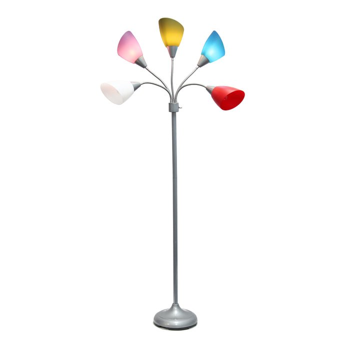 Lampe à pied contemporaine Medusa de Simple Designs de 67 po à plusieurs têtes à 5 ampoules avec col de cygne réglable et abat-jours primaires multicolores - argentée