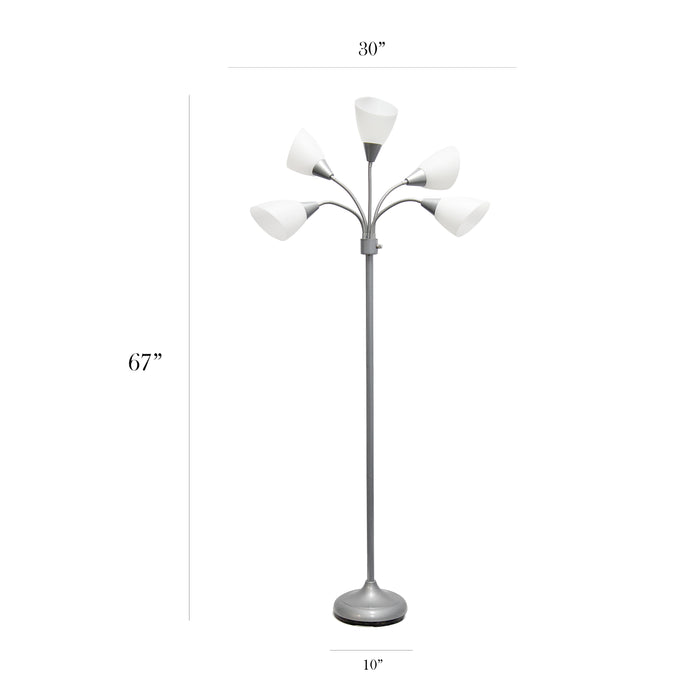 Lampe à pied contemporaine Medusa de Simple Designs de 67 po à plusieurs têtes à 5 ampoules avec col de cygne réglable et abat-jours blancs - argentée