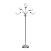 Lampe à pied contemporaine Medusa de Simple Designs de 67 po à plusieurs têtes à 5 ampoules avec col de cygne réglable et abat-jours blancs - argentée