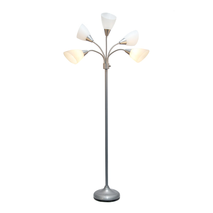 Lampe à pied contemporaine Medusa de Simple Designs de 67 po à plusieurs têtes à 5 ampoules avec col de cygne réglable et abat-jours blancs - argentée