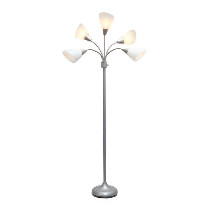 Lampe à pied contemporaine Medusa de Simple Designs de 67 po à plusieurs têtes à 5 ampoules avec col de cygne réglable et abat-jours blancs - argentée