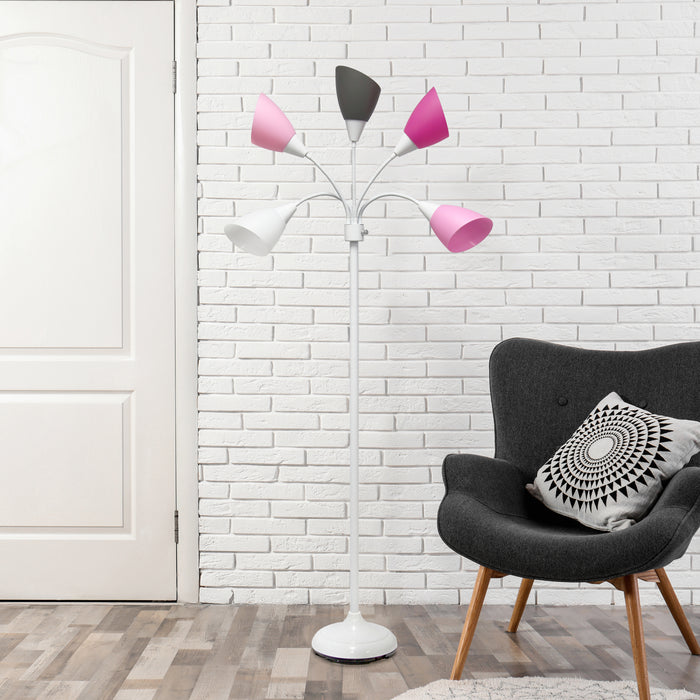 Lampe à pied contemporaine Medusa de Simple Designs de 67 po à plusieurs têtes à 5 ampoules avec col de cygne réglable - rose, blanche et grise