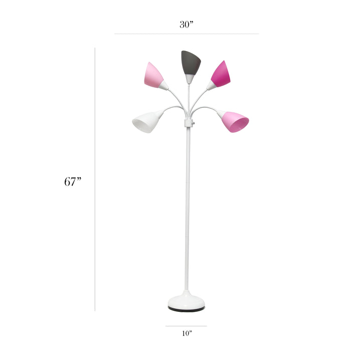 Lampe à pied contemporaine Medusa de Simple Designs de 67 po à plusieurs têtes à 5 ampoules avec col de cygne réglable - rose, blanche et grise