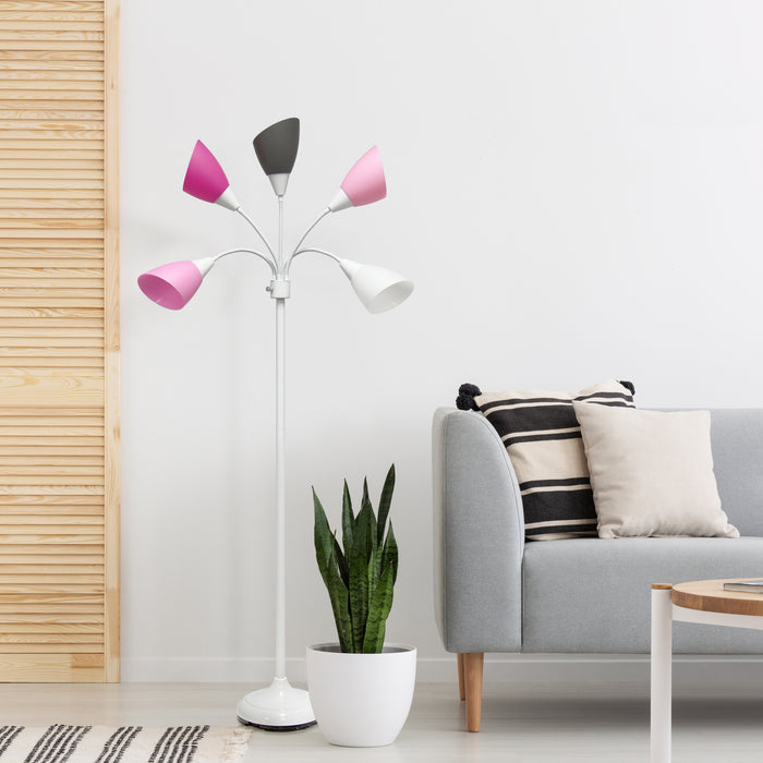 Lampe à pied contemporaine Medusa de Simple Designs de 67 po à plusieurs têtes à 5 ampoules avec col de cygne réglable - rose, blanche et grise