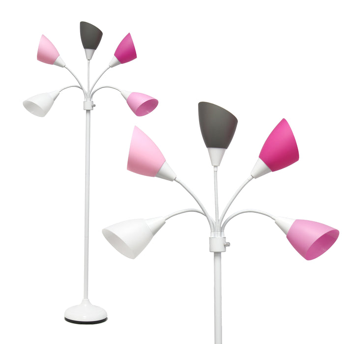 Lampe à pied contemporaine Medusa de Simple Designs de 67 po à plusieurs têtes à 5 ampoules avec col de cygne réglable - rose, blanche et grise