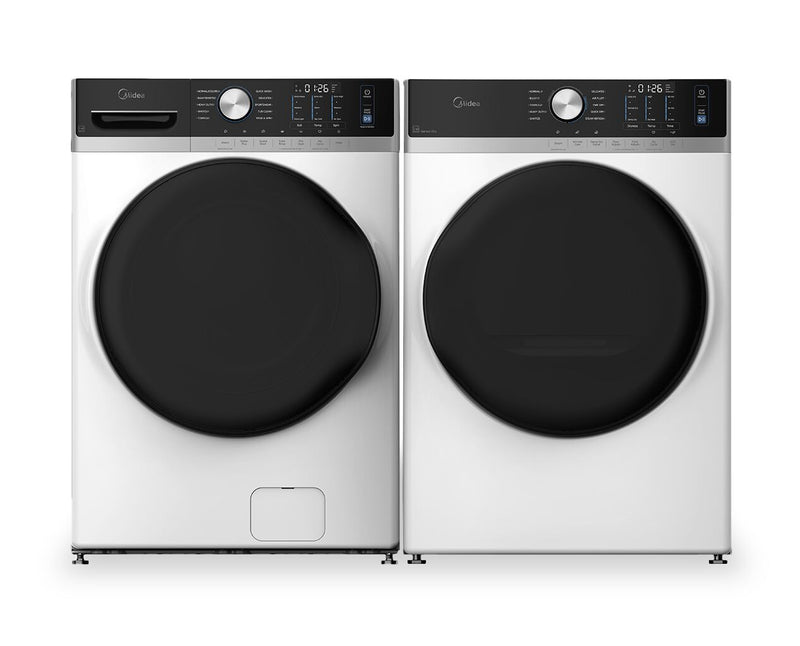 Laveuse à chargement frontal de 5,2 pi3 et sécheuse de 8,0 pi3 avec culbutage et Steam Care de Midea - blanches