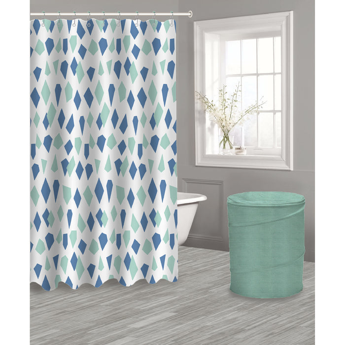 Ensemble d’accessoires de salle de bain 14 pièces à motif de diamants avec panier à linge, rideau de douche en CAV/E et 12 crochets en R