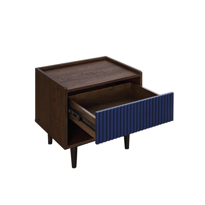 Table de nuit moderne Duane de Manhattan Comfort avec cannelures et tiroir à extension complète - brun foncé et bleu marine