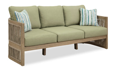 Oasis Outdoor Patio Sofa - Eucalyptus Wood, Rope & Nuvella Fabric, Weather Resistant - Natural/Green | Sofa Oasis pour la terrasse à l’extérieur - eucalyptus, corde et tissu NuvellaMD, résistant aux intempéries - naturel et vert