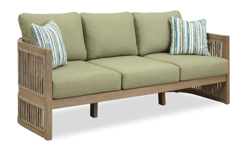 Sofa Oasis pour la terrasse à l’extérieur - eucalyptus, corde et tissu NuvellaMD, résistant aux intempéries - naturel et vert