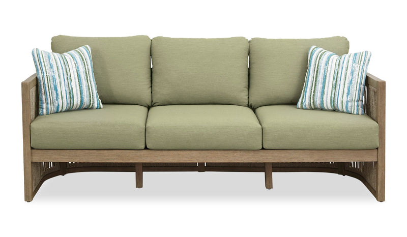 Sofa Oasis pour la terrasse à l’extérieur - eucalyptus, corde et tissu NuvellaMD, résistant aux intempéries - naturel et vert