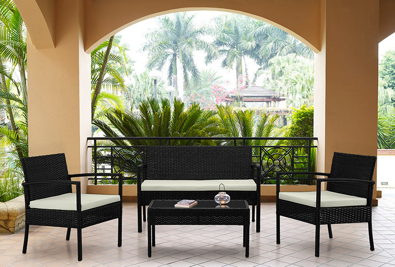 Ensemble de conversation Noli de Manhattan Comfort 4 pièces en acier et en rotin avec coussins pour la terrasse - crème