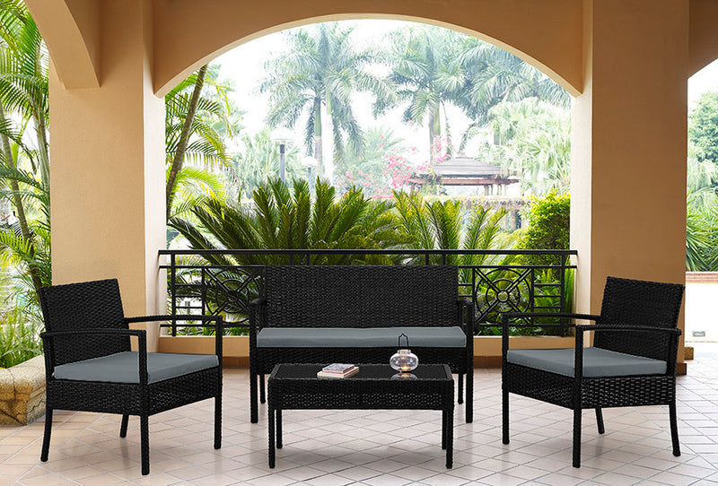 Ensemble de conversation Noli de Manhattan Comfort 4 pièces en acier et en rotin avec coussins pour la terrasse - gris