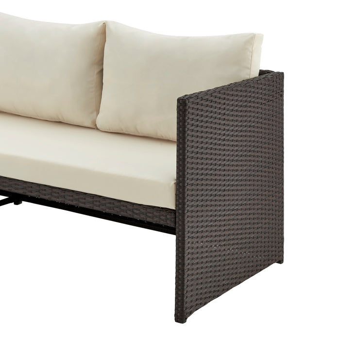 Ensemble de chaise longue et causeuse Menton de Manhattan Comfort 2 pièces en acier et en rotin avec table à café pour la terrasse - crème