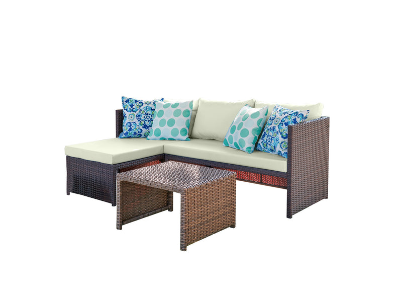 Ensemble de chaise longue et causeuse Menton de Manhattan Comfort 2 pièces en acier et en rotin avec table à café pour la terrasse - crème