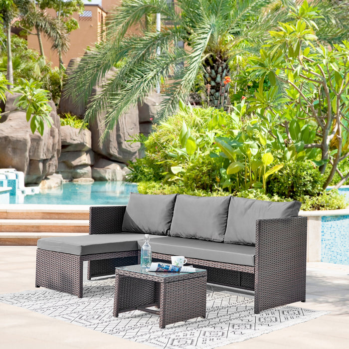 Ensemble de chaise longue et causeuse Menton de Manhattan Comfort 2 pièces en acier et en rotin avec table à café pour la terrasse - gris