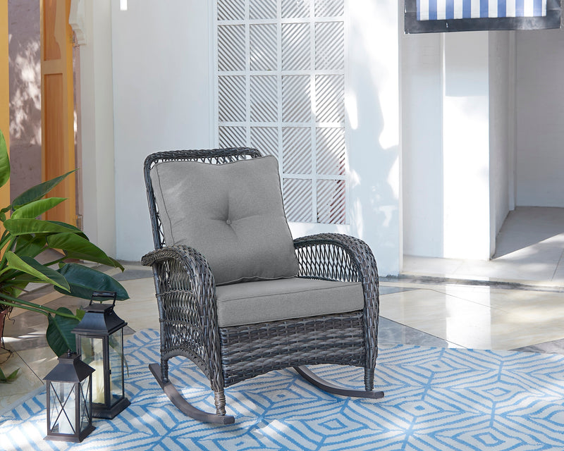 Fauteuil berçant Furttuo de Manhattan Comfort en acier et en rotin avec coussins pour la terrasse et l’extérieur - gris