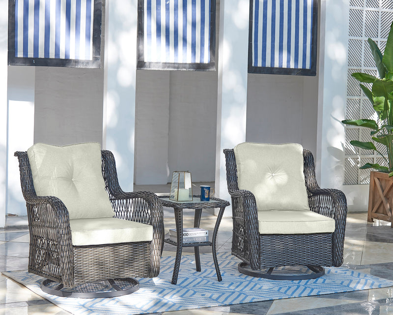 Ensemble de conversation pivotant Fruttuo de Manhattan Comfort 3 pièces en acier et en rotin pour la terrasse - crème