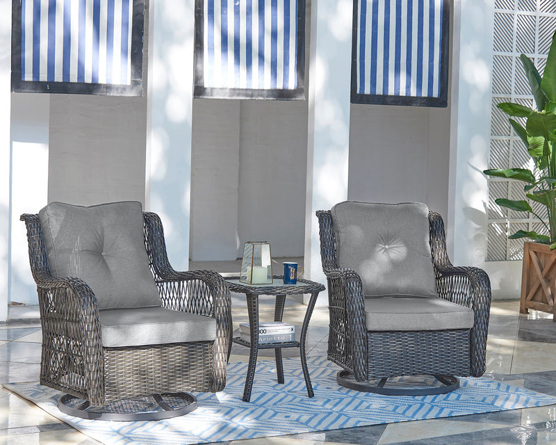 Ensemble de conversation pivotant Fruttuo de Manhattan Comfort 3 pièces en acier et en rotin pour la terrasse - gris