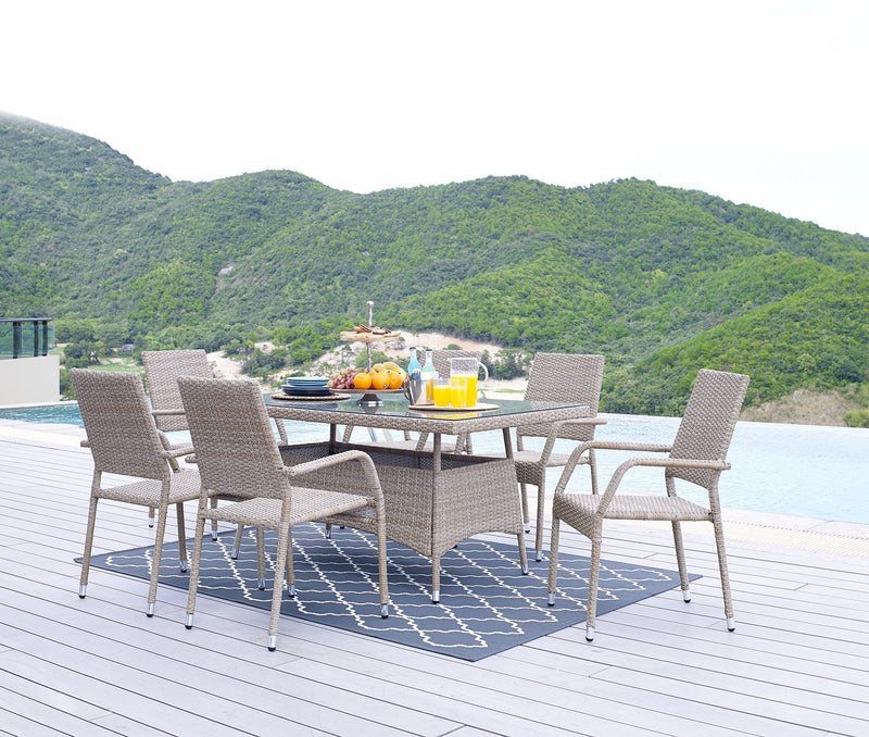 Table de coin-repas Genoa de Manhattan Comfort avec dessus en verre pour la terrasse - tressage tan naturel