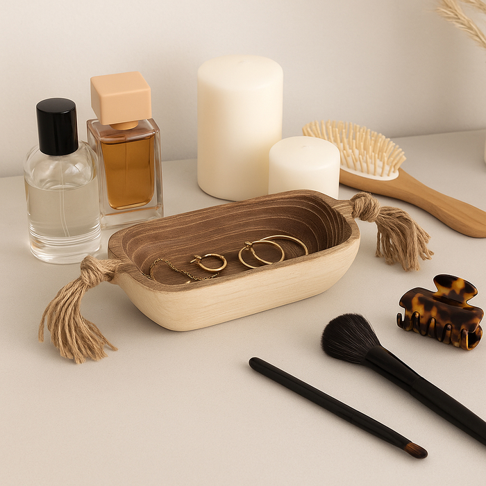 Plateau bohème de 15 po en bois avec glands - brun